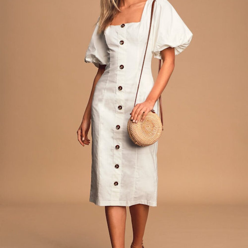 Song Of Spring White Puff Sleeve Button-front Mid… - image 1